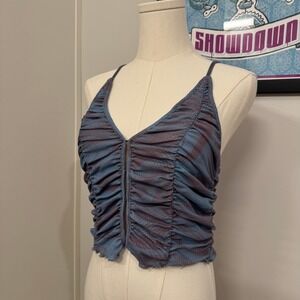 Urban Outfitters Ruched Mesh Camisole Tank Top Hook Eye Large EUC Blue Purple